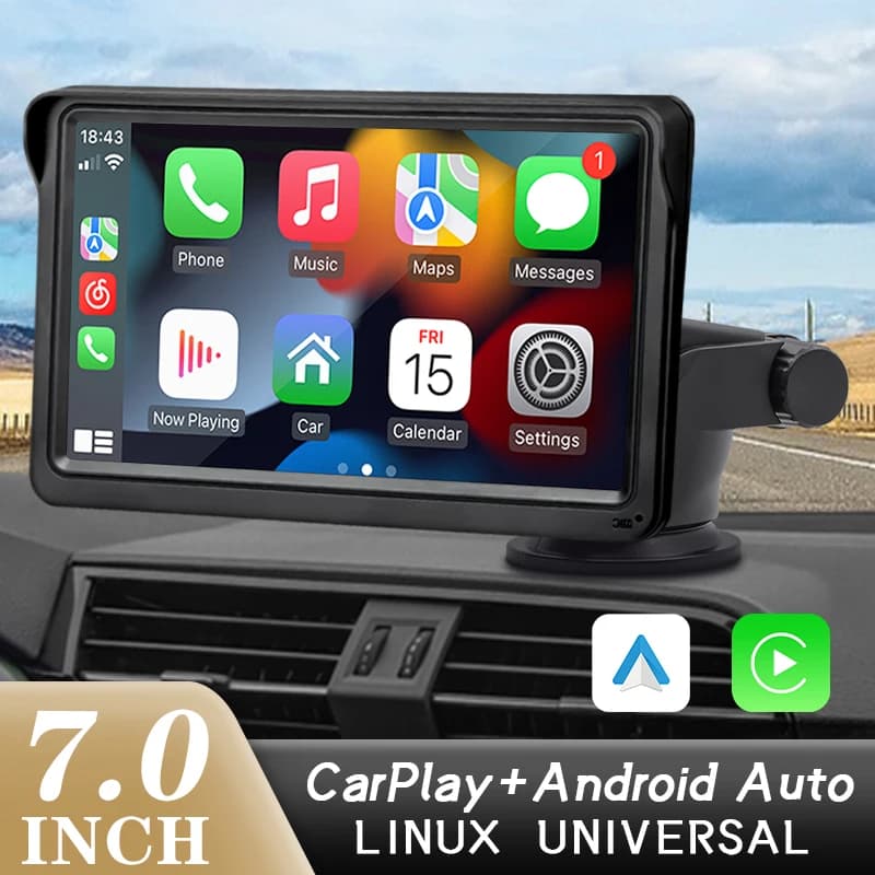 7-calowe radio samochodowe z obsługą CarPlay i Android Auto, odtwarzacz multimedialny z ekranem dotykowym, złączami USB i AUX oraz obsługą kamery cofania